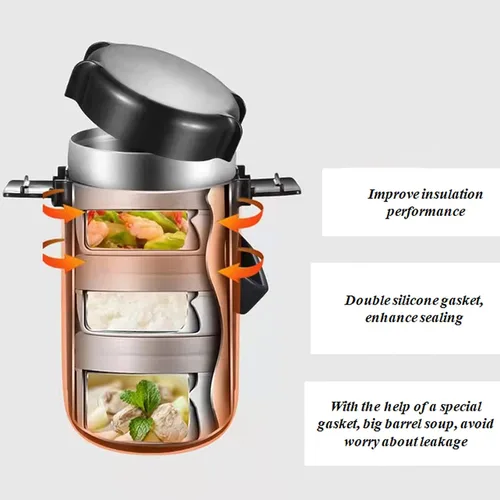 Vista 4 de Lonchera apilable de acero inoxidable de 3 niveles, botella aislada al vacío de acero inoxidable a prueba de fugas, adecuada para llevar alimentos a