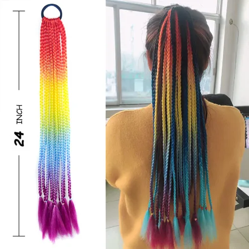 Vista 4 de Extensiones de cabello con trenzas de colores con bandas de goma, extensiones sintéticas trenzadas arco iris, accesorios para el cabello de cola