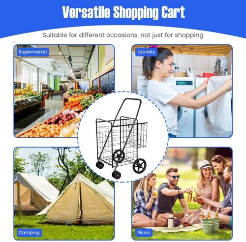 Vista 3 de Carrito de compras plegable, carrito utilitario resistente con ruedas giratorias y cesta doble, carrito de comestibles para comestibles, lavandería