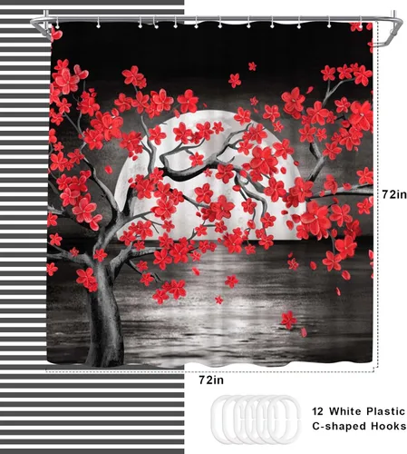 Vista 4 de WELMECO Cortina de ducha negra y roja con luna llena de árbol rojo, cortina de ducha para decoración de baño, tela de poliéster, 72 x 72 pulgadas