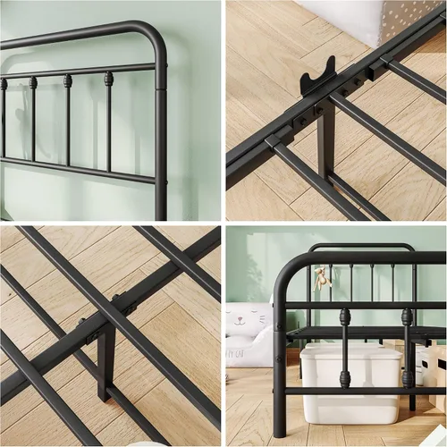 Vista 6 de Base de cama de tamaño individual vintage con cabecera y estribo, plataforma de metal resistente, soporte de listones de acero