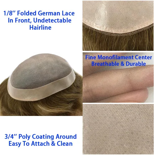 Vista 3 de Mens Toupee Hair Piece Real Human Hair Fine Mono Toupee para hombres Sistema de reemplazo de cabello para hombre Postizo Protesis Capilar Para