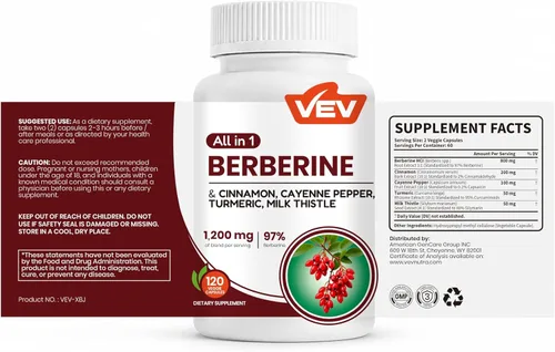 Vista 2 de VEV Berberine Supplement with Ceylon Cinnamon for Daily Wellness Support– 2 Bottles (240 Capsules Total)