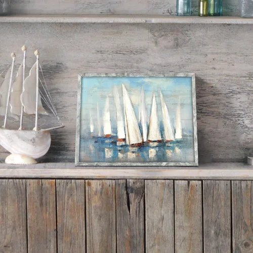 Vista 4 de Pintura enmarcada de paisaje marino: arte abstracto del océano, imagen costera, impresiones de veleros en madera en estilo moderno para decoración