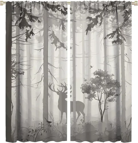 Vista 56 de Cortinas opacas con diseño de ciervos, bosque brumoso, rústico, vida silvestre, alce, montaña, pájaros, pino, bosque, cortinas de ventana