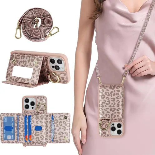 Vista 36 de Funda para iPhone 14 con tarjetero y correa para mujer, cordón cruzado, espejo de maquillaje, soporte de anillo, cierre a presión, bonitas fundas