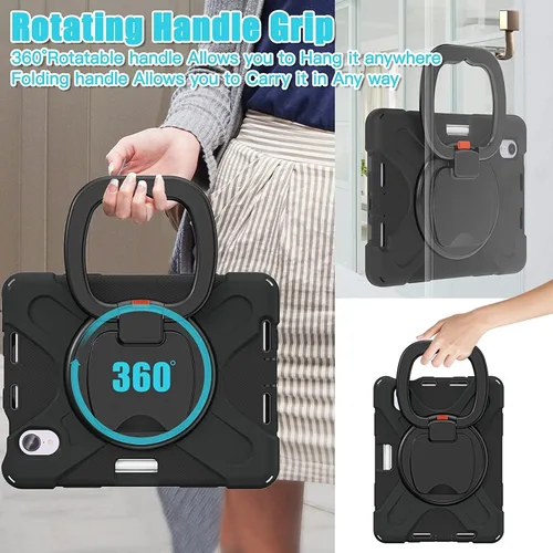 Vista 4 de Funda infantil para iPad mini 7 (A17 Pro) 2024/Mini 6 8.3 pulgadas Funda resistente a prueba de golpes con correa de mano, correa de hombro, Negro
