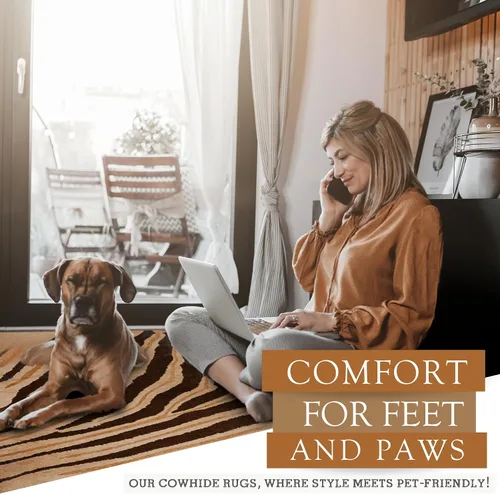 Vista 4 de Sunshine Cowhides Alfombra de piel de vaca 100% genuina con estampado salvaje de cebra negro sobre beige, alfombra de estilo moderno de piel