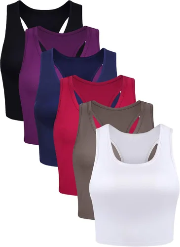 Vista 12 de 6 piezas de camisetas básicas sin mangas con espalda cruzada deportivas, cortas, para mujeres y niñas, uso diario