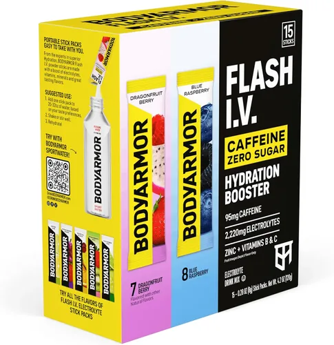 Vista 3 de BODYARMOR Paquetes de electrolitos Flash IV con cafeína, paquete variado de frambuesa azul y bayas de dragón, mezcla de bebida energética sin