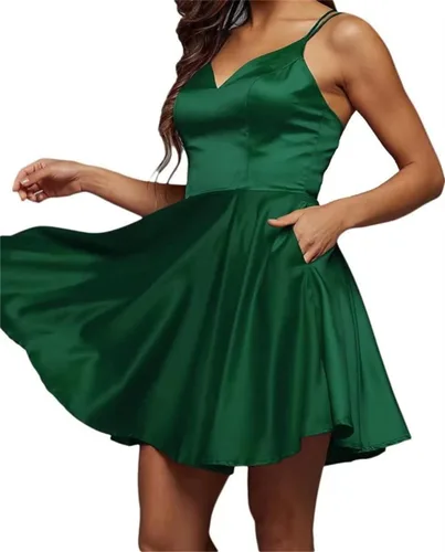 Vista 2 de Satin Homecoming Dress with Pockets Mini A-Line V Neck Sleeveless Formal Evening Dress