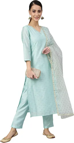 Vista 4 de Janasya Kurta de seda chanderi color verde mar para mujer india con pantalón y dupatta