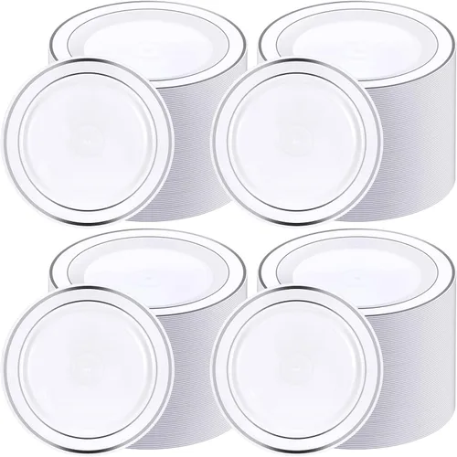 Vista 8 de Sieral 200 platos desechables de plástico para fiestas con borde de plástico duro, aperitivo, ensalada, postre de 7.5 pulgadas, elegante vajilla