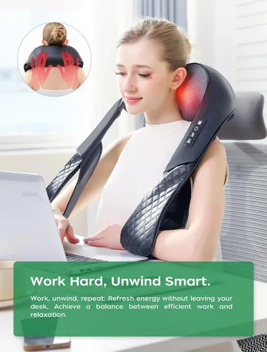 Vista 6 de Masajeador Shiatsu inalámbrico de cuello y espalda con calor para aliviar el dolor de tejido profundo, almohada eléctrica recargable 4D de masaje