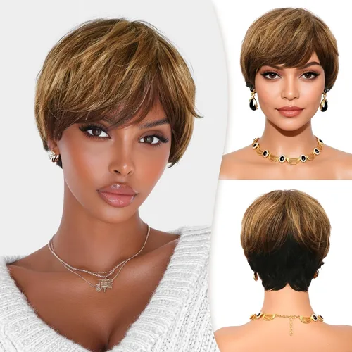 Vista 16 de RUWISS Peluca de cabello humano con corte Pixie, peluca de cabello humano con flequillo, peluca negra corta natural en capas, ondulada, diferentes