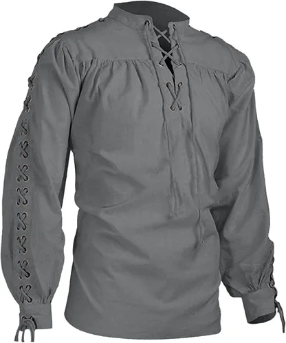 Vista 3 de Camisa medieval pirata para hombre, manga larga, con cordones, gótico renacentista, steampunk