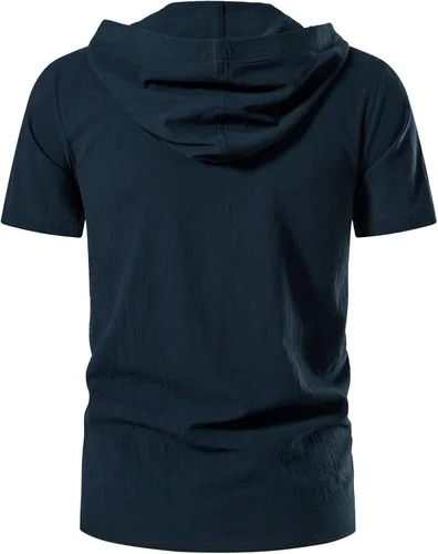 Vista 3 de LucMatton Camisas de algodón con capucha de manga corta para hombre, estilo retro tradicional, con cordones, para medieval, vikingo, hippie a juego