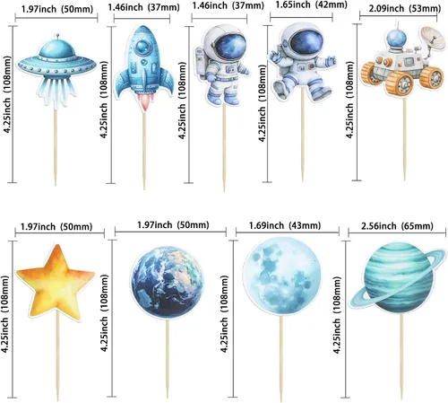 Vista 2 de Gyufise 36 piezas de astronauta espacial para cupcakes, planeta, cohete, telescopio, viaje a la luna, para cupcakes para el espacio exterior, baby