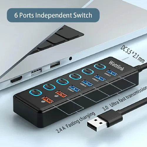 Vista 4 de Hub USB 3.0 alimentado, divisor de concentrador de 6 puertos con adaptador de corriente, 4 puertos de datos + 2 puertos de carga rápida QC 3.0