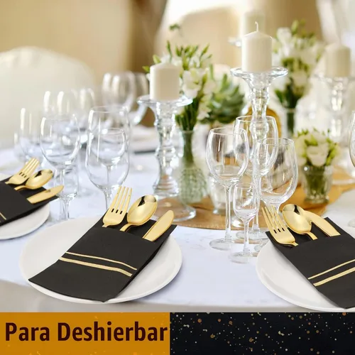 Vista 7 de Ireer 100 piezas de cubiertos de plástico negro dorado con servilletas para Juego de cubiertos desechables negros y dorados con tenedores