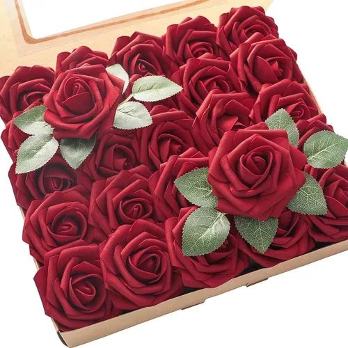Vista 16 de Floroom Flores artificiales, 25 piezas de rosas falsas de espuma dorada antigua de aspecto real con tallos para ramos de boda DIY, centros de mesa
