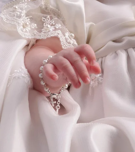 Vista 2 de Brazalete de plata con cruz para bautismo y comunión con perla cultivada y cristal Swarovski