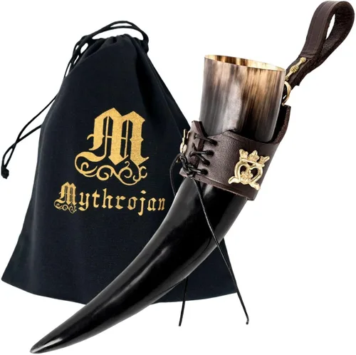 Vista 32 de Mythrojan Cuerno vikingo para beber 100% natural, auténtico, decoración de latón, cuerno nórdico con funda de cuero negro, bolsa de lona para vino