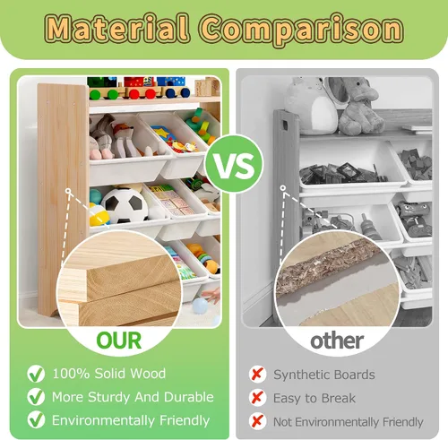 Vista 5 de MallBest Organizador de juguetes para niños con 9 contenedores – Estante de almacenamiento de 4 niveles 100% madera maciza para sala