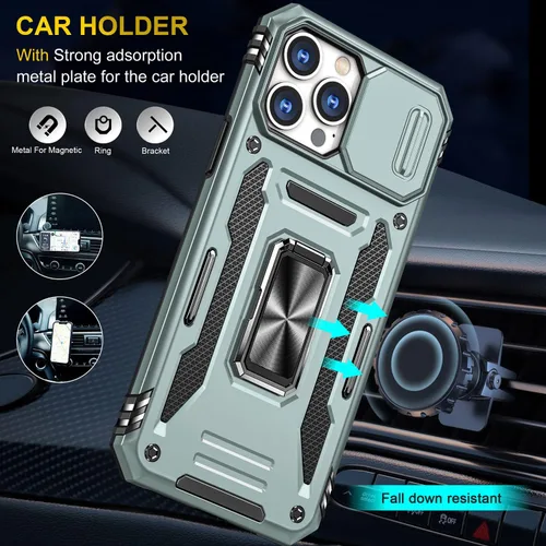 Vista 4 de Funda para iPhone 12 Pro Max con cubierta deslizante para cámara, con soporte para anillo de dedo, soporte magnético para automóvil, para iPhone 12