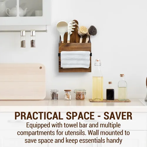 Vista 3 de MyGift Soporte rústico para utensilios de madera maciza montado en la pared con barra de toalla – Estante organizador de cocina estilo tabla