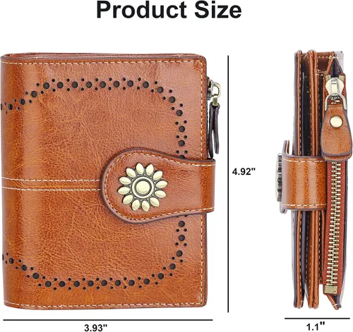 Vista 6 de Lavemi Cartera de cuero para mujer, pequeña, compacta, con bloqueo RFID, con bolsillo con cremallera