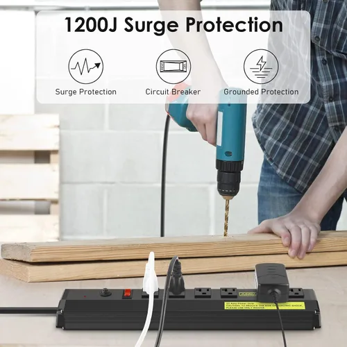 Vista 5 de JUNNUJ Regleta protectora contra sobretensiones de 20 amperios 4800J, paquete de 2 unidades, resistente de 6 tomas, montaje multiángulo de metal