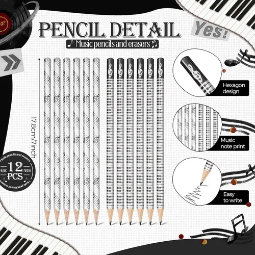 Vista 2 de 24 piezas Lápices de música con notas musicales y borradores Teclado de piano de madera Borradores para recitales de piano Regalos musicales A favor
