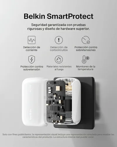 Vista 5 de Belkin Bloque de Carga de 42W con 2 Puertos, Cargador USB-C + USB-A de Super Carga Rápida - Samsung Galaxy S25, Apple iPhone 17, Air, Pro, Pro Max