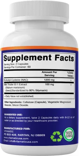 Vista 8 de Vitamatic Suplemento NAC N-acetil-L-cisteína (NAC) con extracto 50:1 de cardo mariano - Apoya la salud inmunológica, respiratoria, hepática, 1200 mg