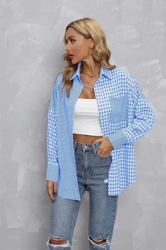 Vista 4 de Cugoodte Camisas a rayas con botones para mujer, manga larga, bloque de color, casual, negocios, trabajo, blusas con bolsillo