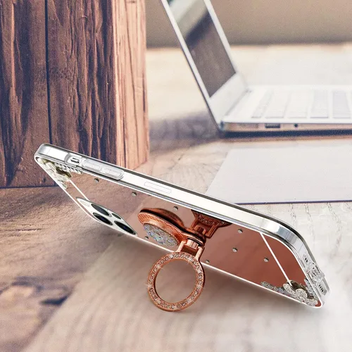 Vista 3 de Compatible con iPhone 13 - Funda con espejo de maquillaje para mujeres y niñas, funda de lujo con diamantes de imitación brillantes con anillo