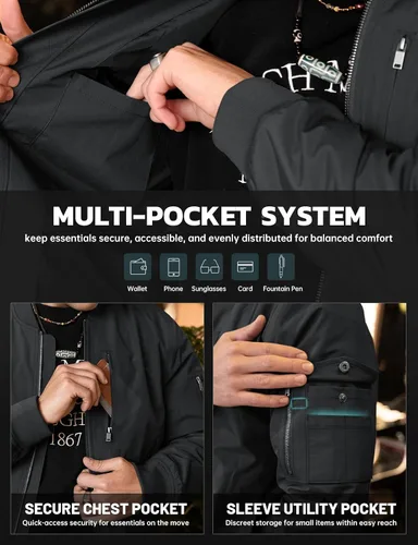 Vista 5 de Chaqueta bomber para hombre: cuello alto rompevientos impermeable ligero con múltiples bolsillos