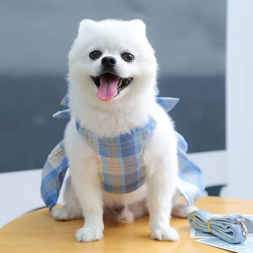 Vista 4 de PETCARE Vestido de Perro a Cuadros con Corbata de Moño y Arnés Set de Correa para Perros Pequeños, Gatos, Niñas, Lindos Vestidos de Princesa