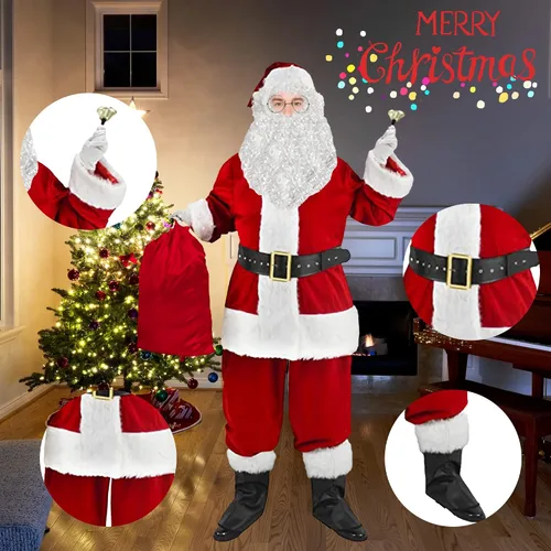Vista 6 de AWZNG Traje de Papá Noel para adultos y hombres, disfraz de Papá Noel, 11 piezas, terciopelo profesional de lujo, para adultos, conjunto de cosplay
