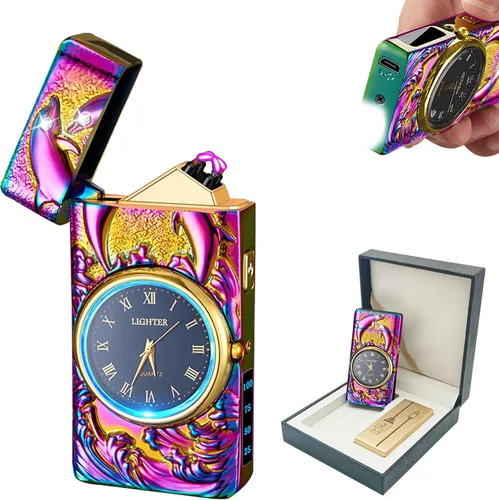 Vista 9 de BABOBIU Encendedor eléctrico recargable a prueba de viento USB con esfera de reloj y diseño de águila sin llama para camping, oficina en casa