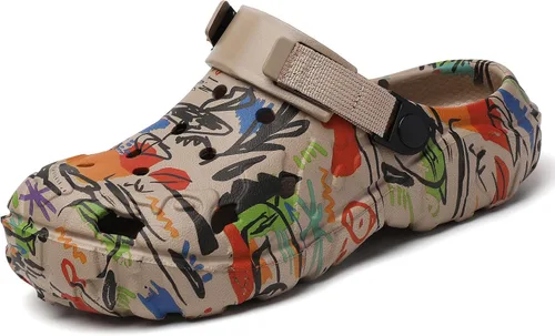 Vista 8 de SECHRITE Zuecos de jardín para hombre y mujer, zapatos de jardín con graffiti, sandalias deportivas unisex para adultos, atléticas, de verano, al