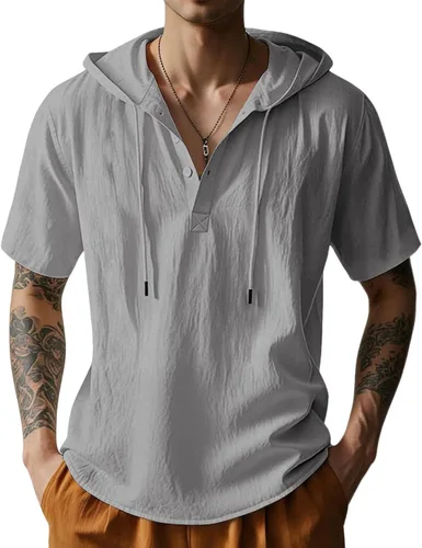 Vista 7 de Sudaderas con capucha de algodón y lino para hombre, camisa de manga corta con botones, camisa de verano hawaiana con cordón