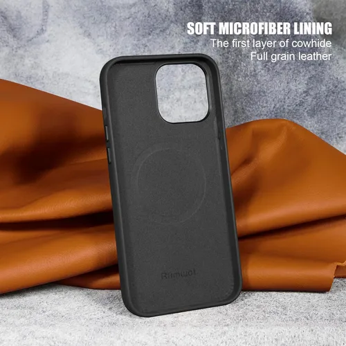 Vista 3 de Funda de cuero genuino para iPhone 13 Pro, cuero de grano completo, compatible con MagSafe y carga inalámbrica, bisel de la cámara con botones