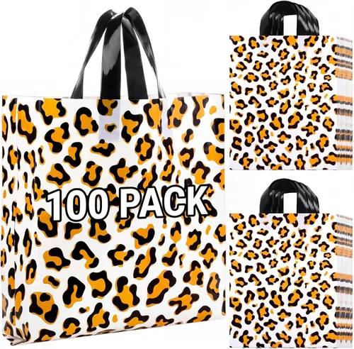 Vista 11 de Woanger 100 bolsas de compras de leopardo de plástico con estampado de guepardo, bolsa de regalo de leopardo para pequeñas empresas, fiesta de Marrón