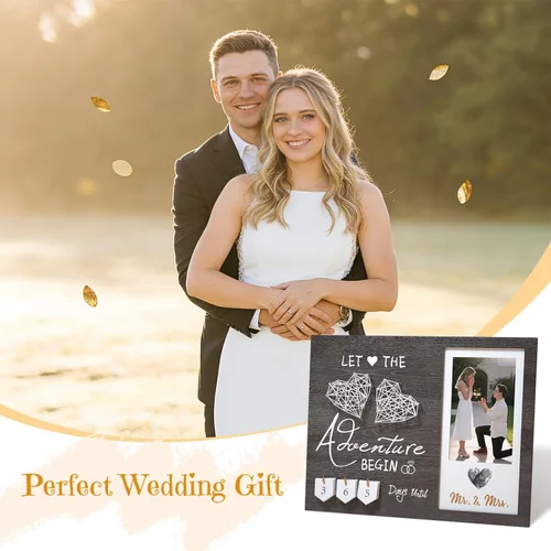 Vista 5 de Regalos de compromiso para pareja, Marco de fotos con huella dactilar de corazón para cuenta regresiva de boda y kit de tinta, Regalo para futura