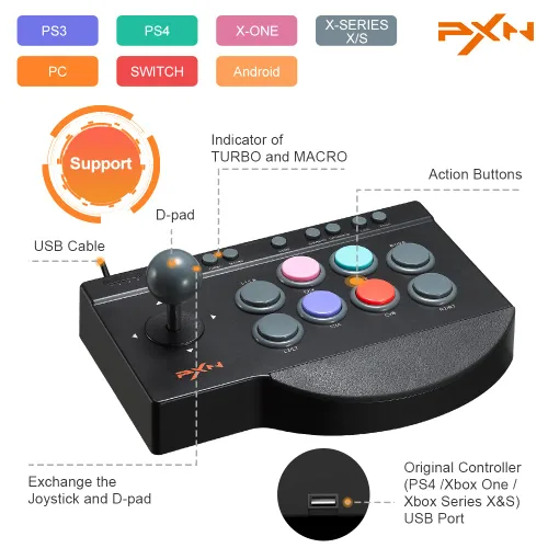 Vista 2 de PXN 0082 Arcade Joystick Game Controller Wired USB Interface for PC PS3 PS4 Xbox oneNintendo Switch
