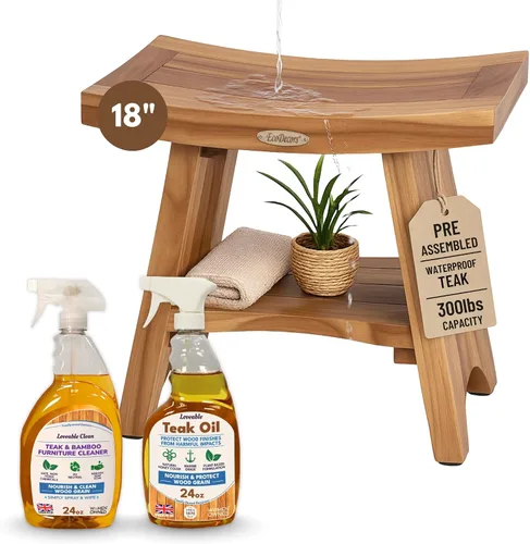 Vista 12 de EcoDecors Banco de ducha de teca con estante de 18", capacidad de 300 lb – Asiento de spa de madera impermeable completamente ensamblado