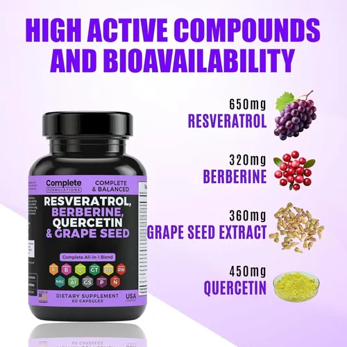 Vista 7 de Suplemento de resveratrol con quercetina, berberina, extracto de semilla de uva y mezcla de polifenoles para la salud de la piel, apoyo inmunológico