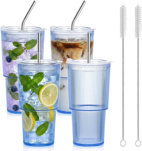 Vista 21 de 2 vasos de plástico de 15 onzas con tapas y pajita, tazas de plástico reutilizables para café helado, a prueba de fugas, vasos de viaje para café